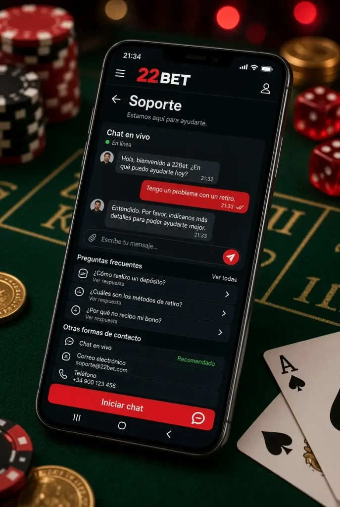 Servicio de atención al cliente de 22bet en teléfono móvil